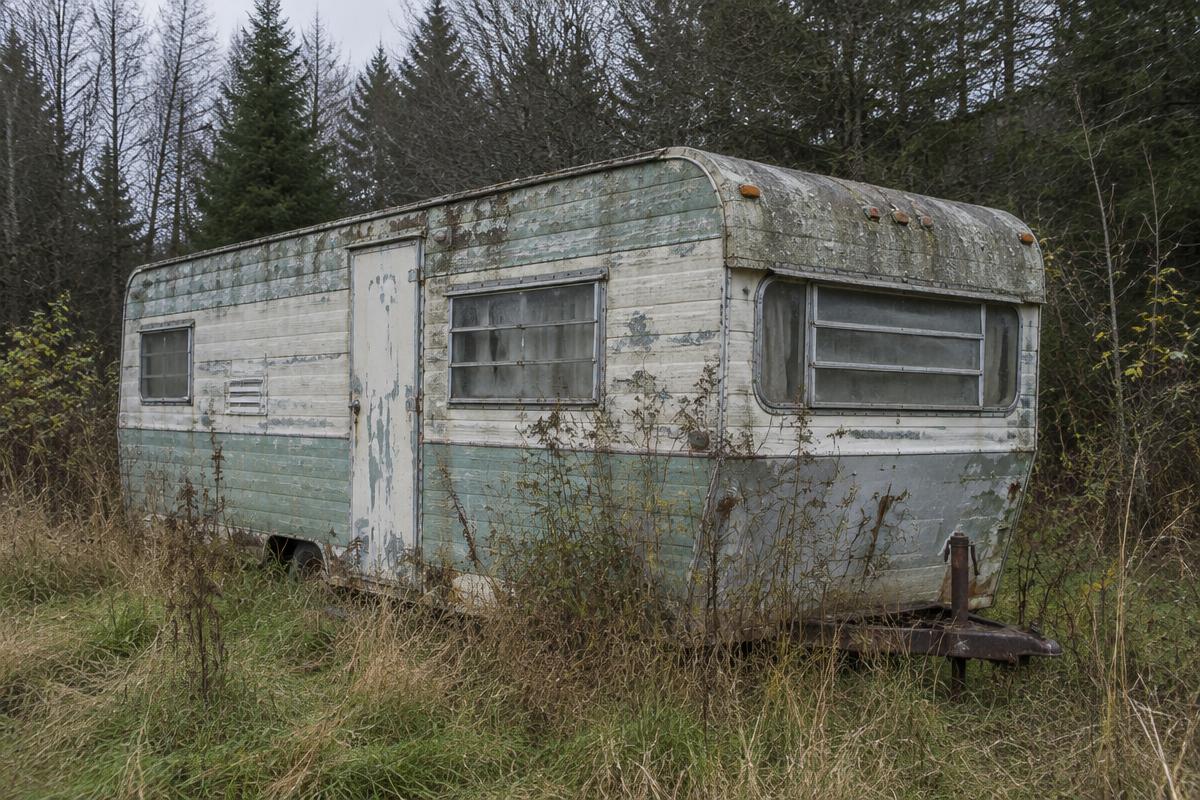Old abandoned travel trailer in tall grass awaiting removal and disposal