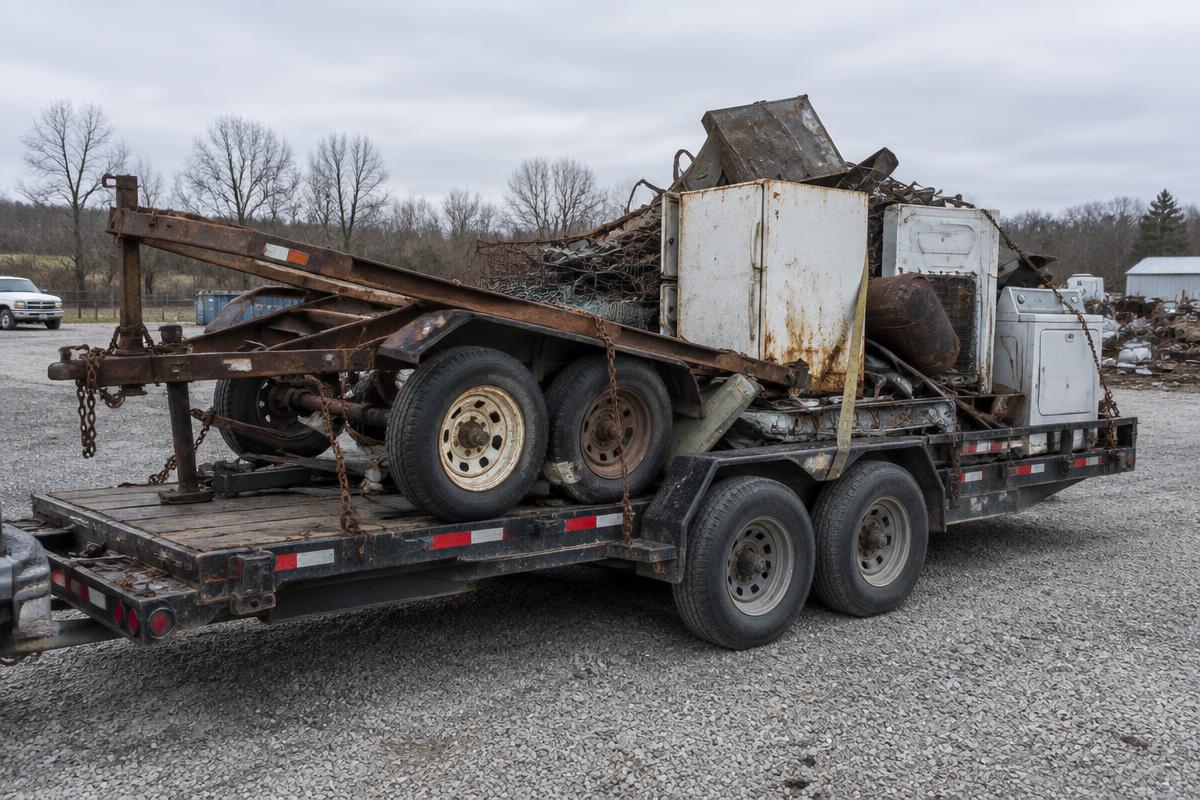 Trailer loaded with scrap metal and old appliances for removal and recycling